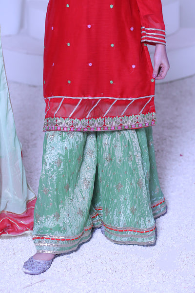 3 piece Reddish Maroon Chiffon Embroidery Gharara Suit with Pistachio Green Chiffon Dupatta & Gharara with Laces.(Stitch)