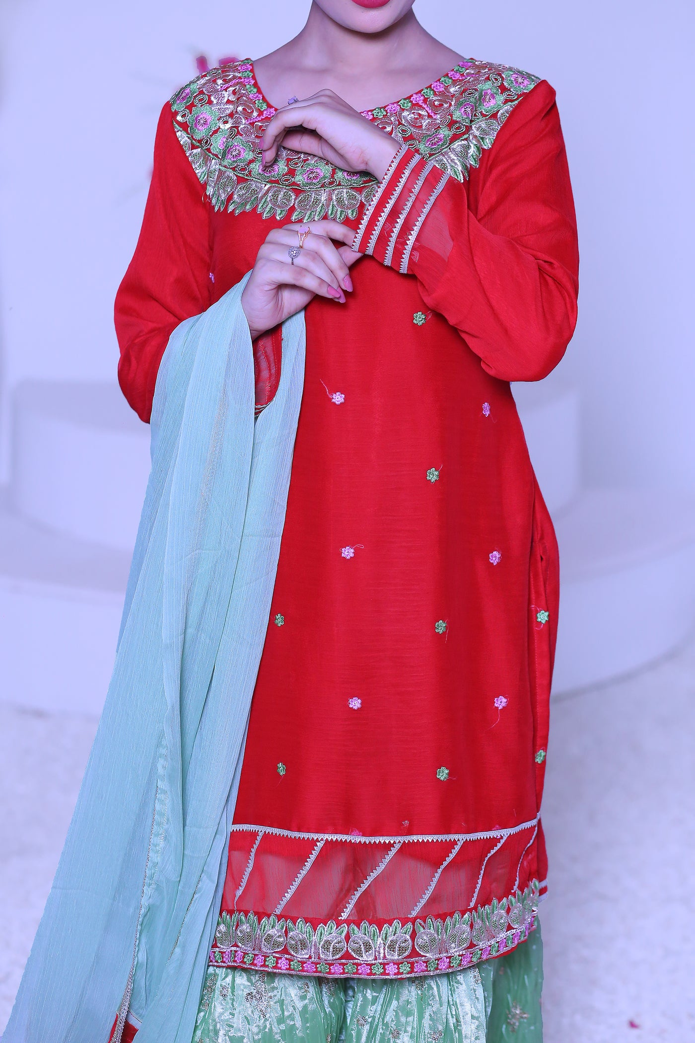 3 piece Reddish Maroon Chiffon Embroidery Gharara Suit with Pistachio Green Chiffon Dupatta & Gharara with Laces.(Stitch)