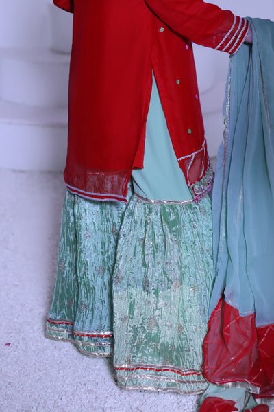 3 piece Reddish Maroon Chiffon Embroidery Gharara Suit with Pistachio Green Chiffon Dupatta & Gharara with Laces.(Stitch)