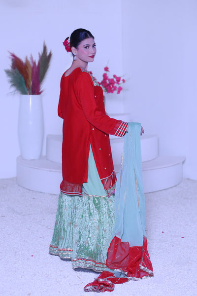 3 piece Reddish Maroon Chiffon Embroidery Gharara Suit with Pistachio Green Chiffon Dupatta & Gharara with Laces.(Stitch)