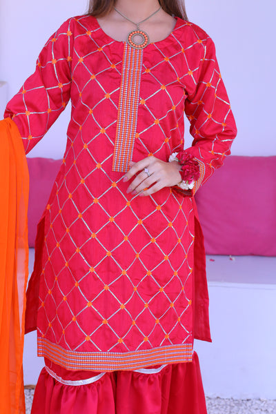 3 piece Shocking Pink Raw Silk Gharara Suit with Orange Chiffon Dupatta.(Stitch)