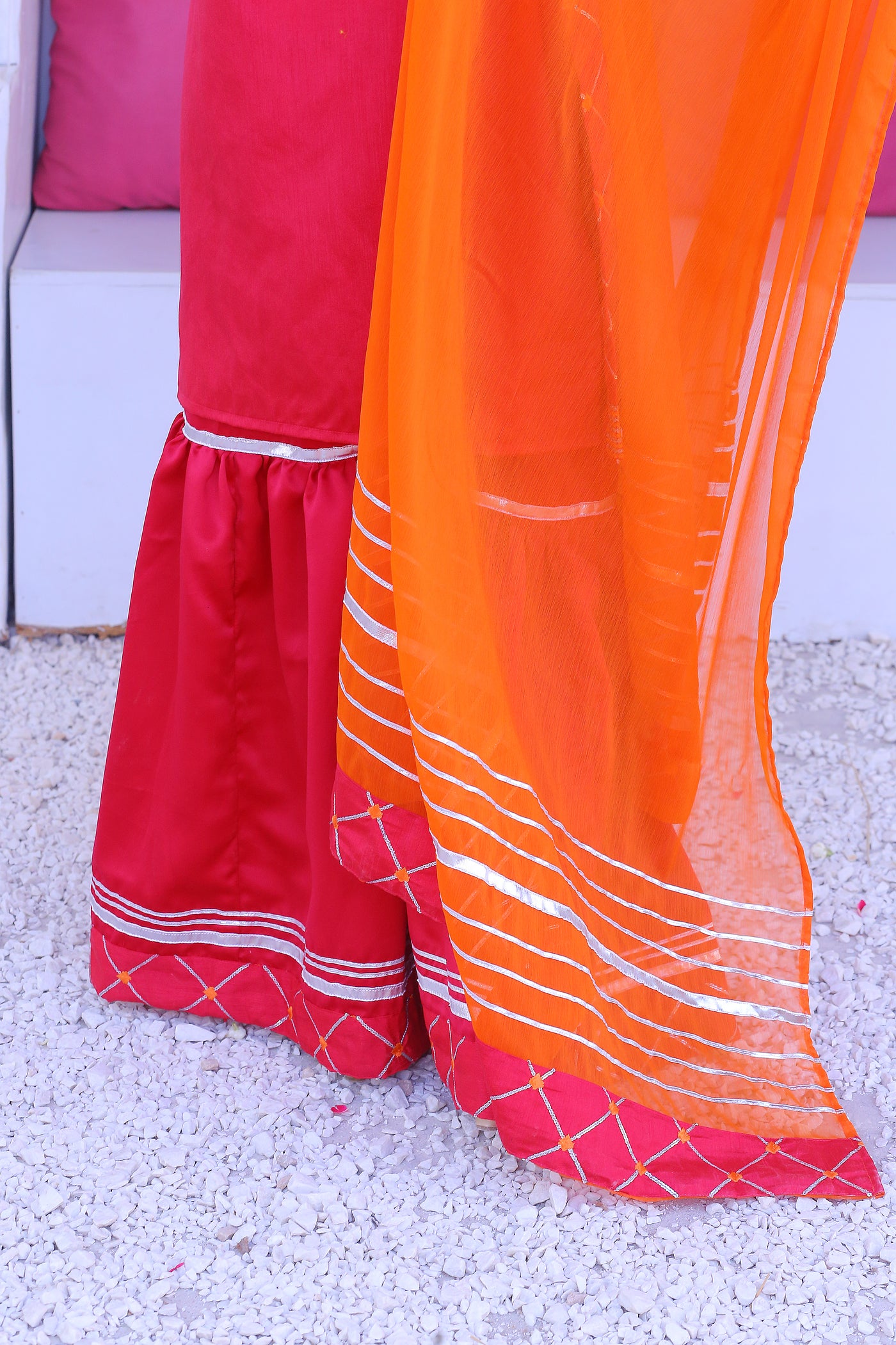 3 piece Shocking Pink Raw Silk Gharara Suit with Orange Chiffon Dupatta.(Stitch)