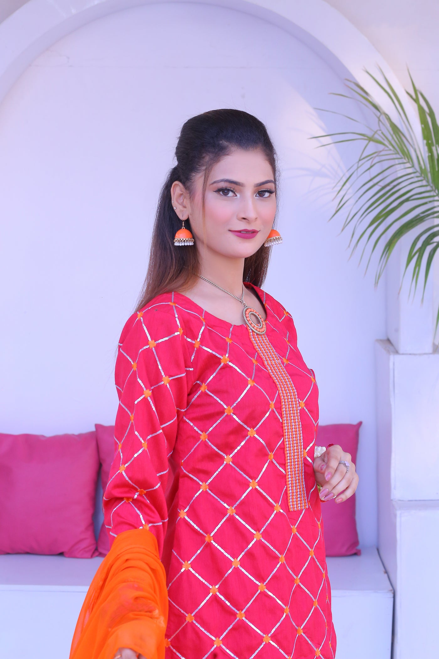 3 piece Shocking Pink Raw Silk Gharara Suit with Orange Chiffon Dupatta.(Stitch)