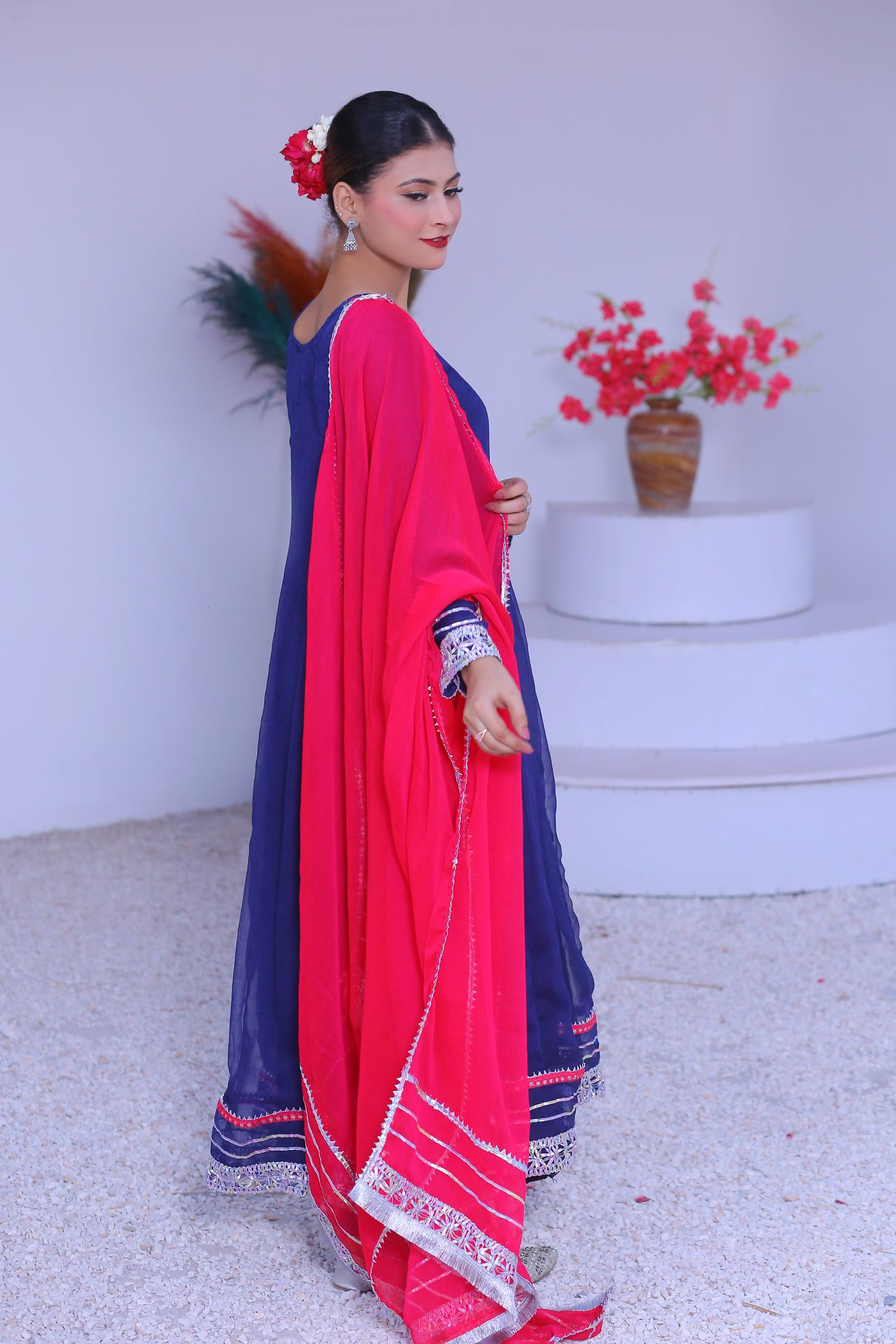 3 piece Navy  Blue  Chiffon Angrakha Frock With Malai Trouser & Shocking Pink Chiffon Dupatta & Laces.(Stitch)