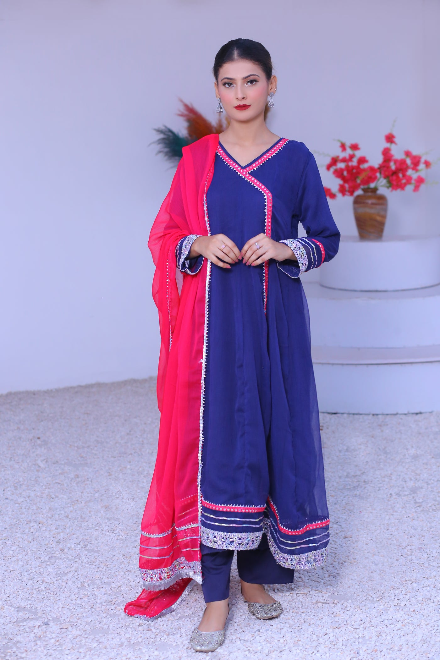 3 piece Navy  Blue  Chiffon Angrakha Frock With Malai Trouser & Shocking Pink Chiffon Dupatta & Laces.(Stitch)