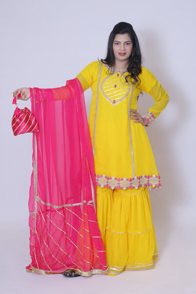 3 piece Beautiful Gorgeous Yellow Chiffon Gharara Suit with Shocking Pink Chiffon Dupatta & Laces with Free Pouch.(Stitch)