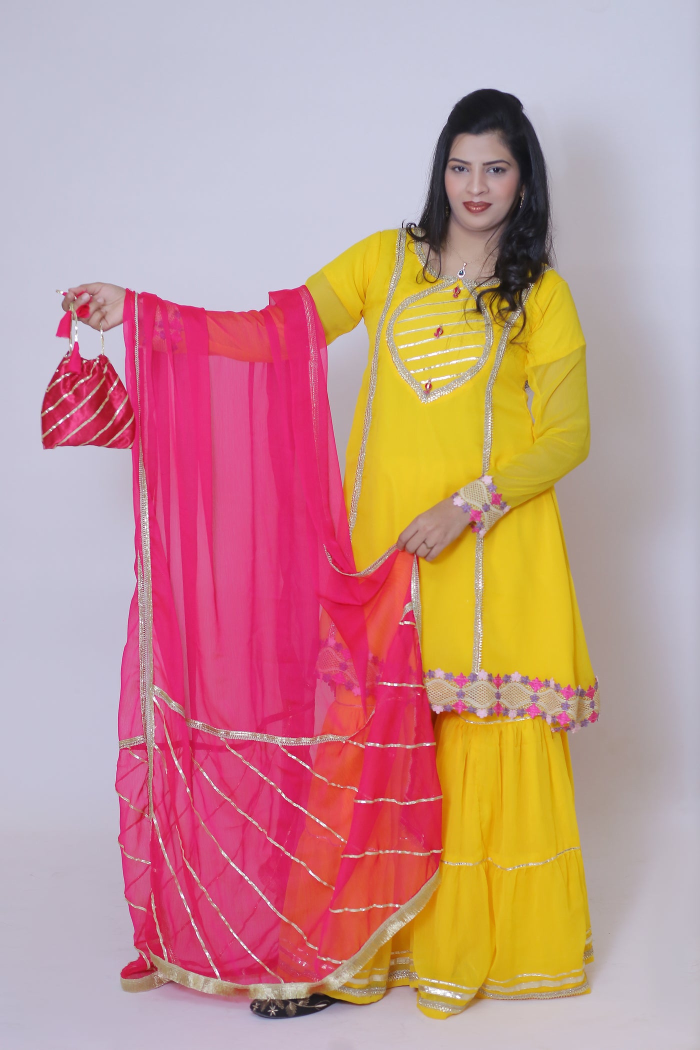 3 piece Beautiful Gorgeous Yellow Chiffon Gharara Suit with Shocking Pink Chiffon Dupatta & Laces with Free Pouch.(Stitch)