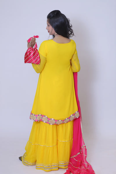 3 piece Beautiful Gorgeous Yellow Chiffon Gharara Suit with Shocking Pink Chiffon Dupatta & Laces with Free Pouch.(Stitch)