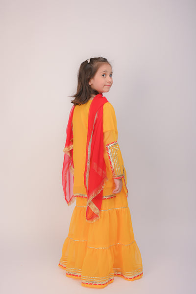 3 piece Yellow Chiffon Gharara Suit with Red Chiffon Dupatta with Laces.(Stitch)