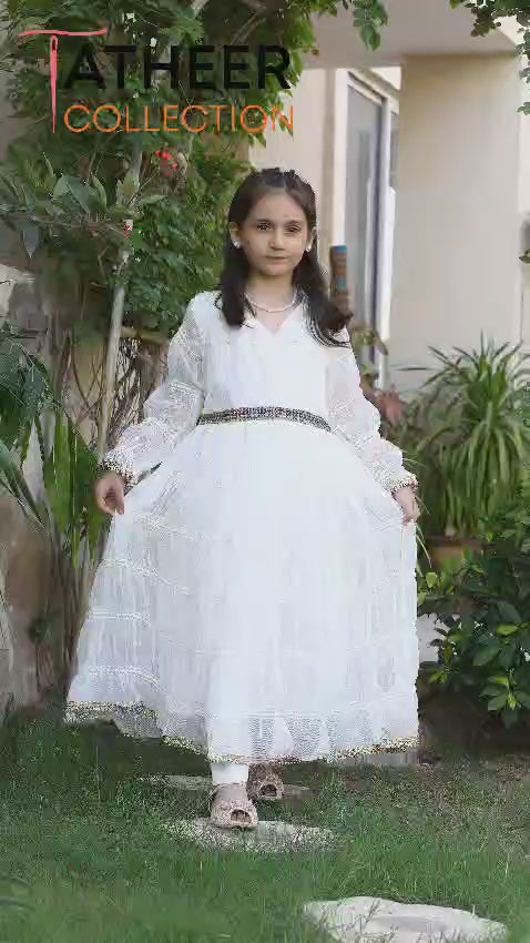 3 piece White Frill Frock with White Malai Trouser & Pistachio Green Chan Net Dupatta & beautiful Multi Laces.(Stitch)