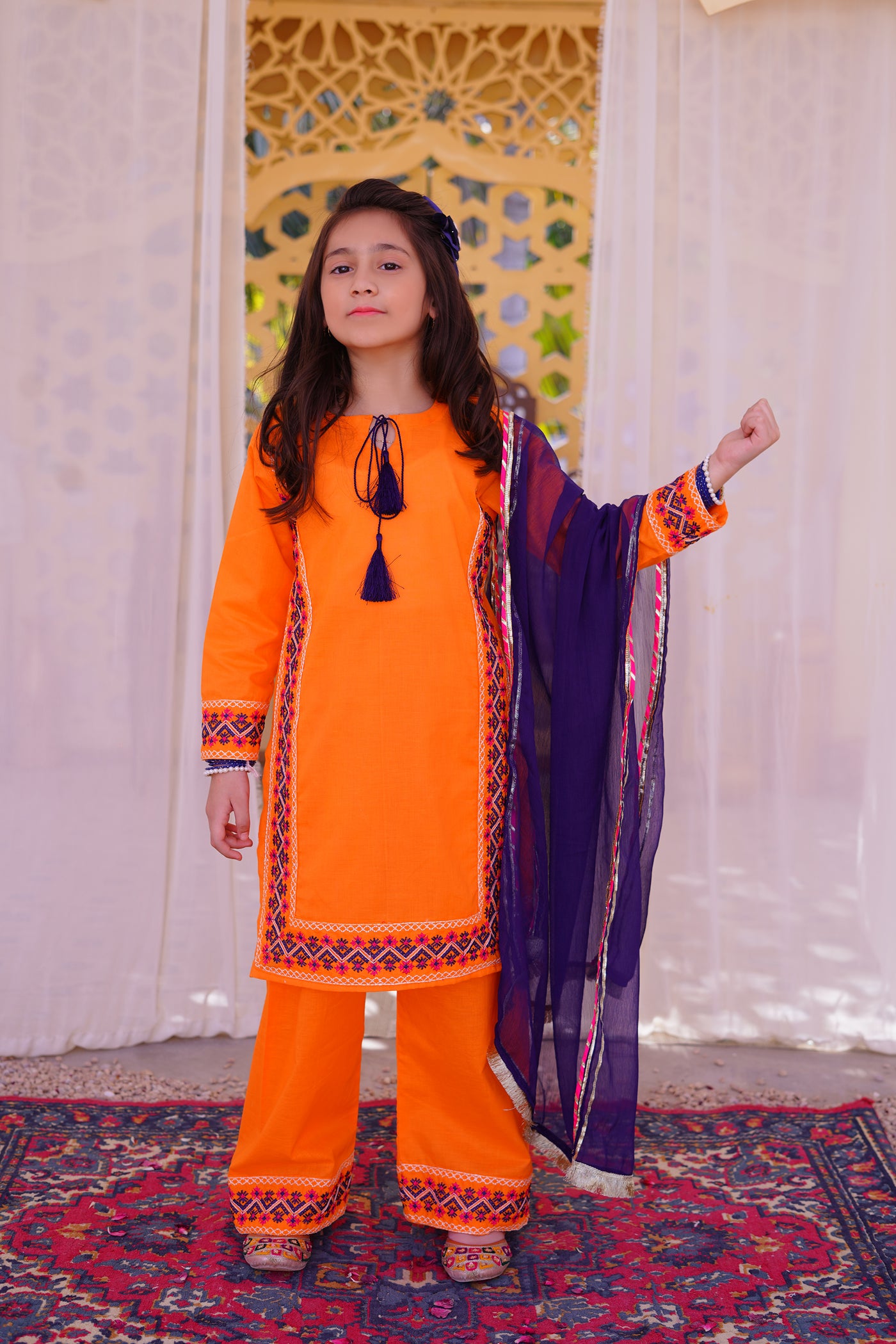 3 piece Orange Embroidered Cotton Palazzo Suit with Navy Blue Chiffon Dupatta & Laces.(Stitch)