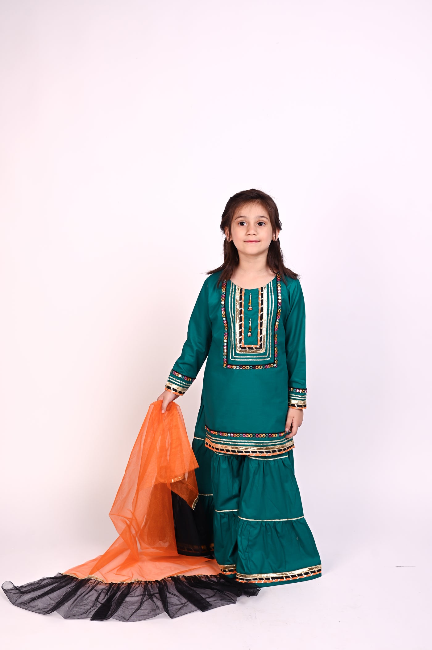 3 piece Sea Green Cotton Gharara Suit with Orange & Black frill net Dupatta & Multicolor Laces.(Stitch)