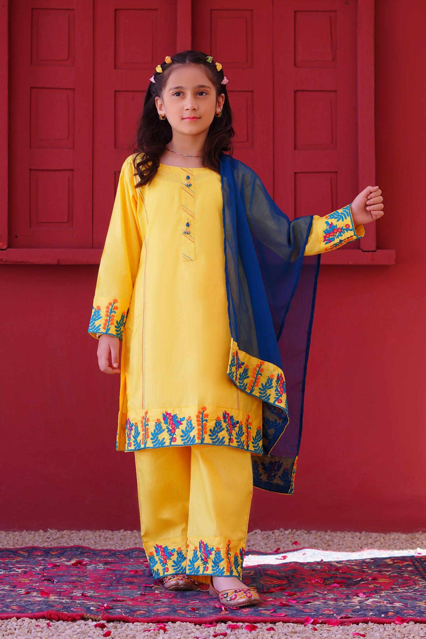 3 piece Yellow Embroidered Cotton Palazzo Suit with Sea Green Chiffon Dupatta & Laces.(Stitch)