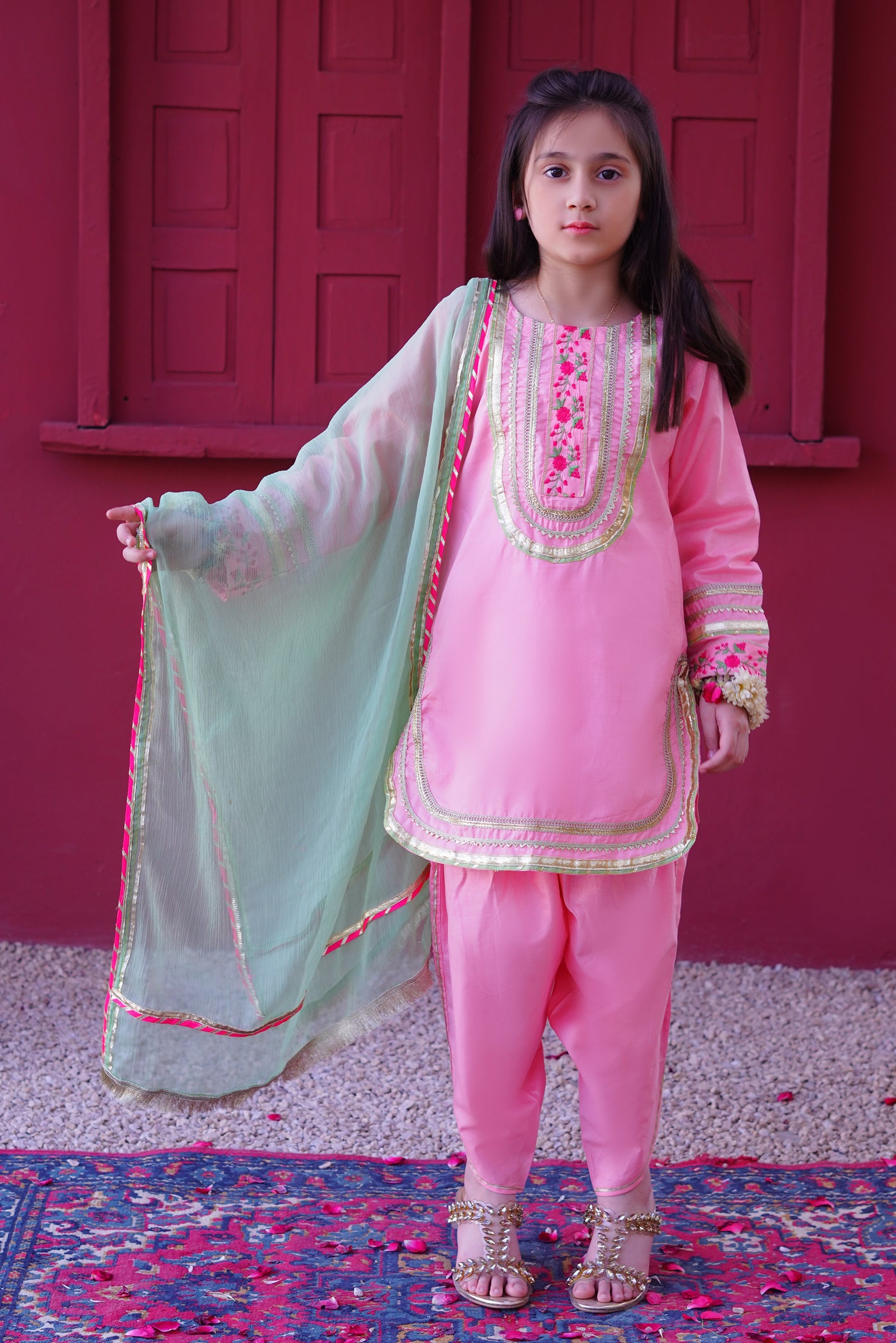 3 piece Baby Pink Embroidered Cotton Tulip Suit with Pistachio Green Chiffon Dupatta & Laces.(Stitch)