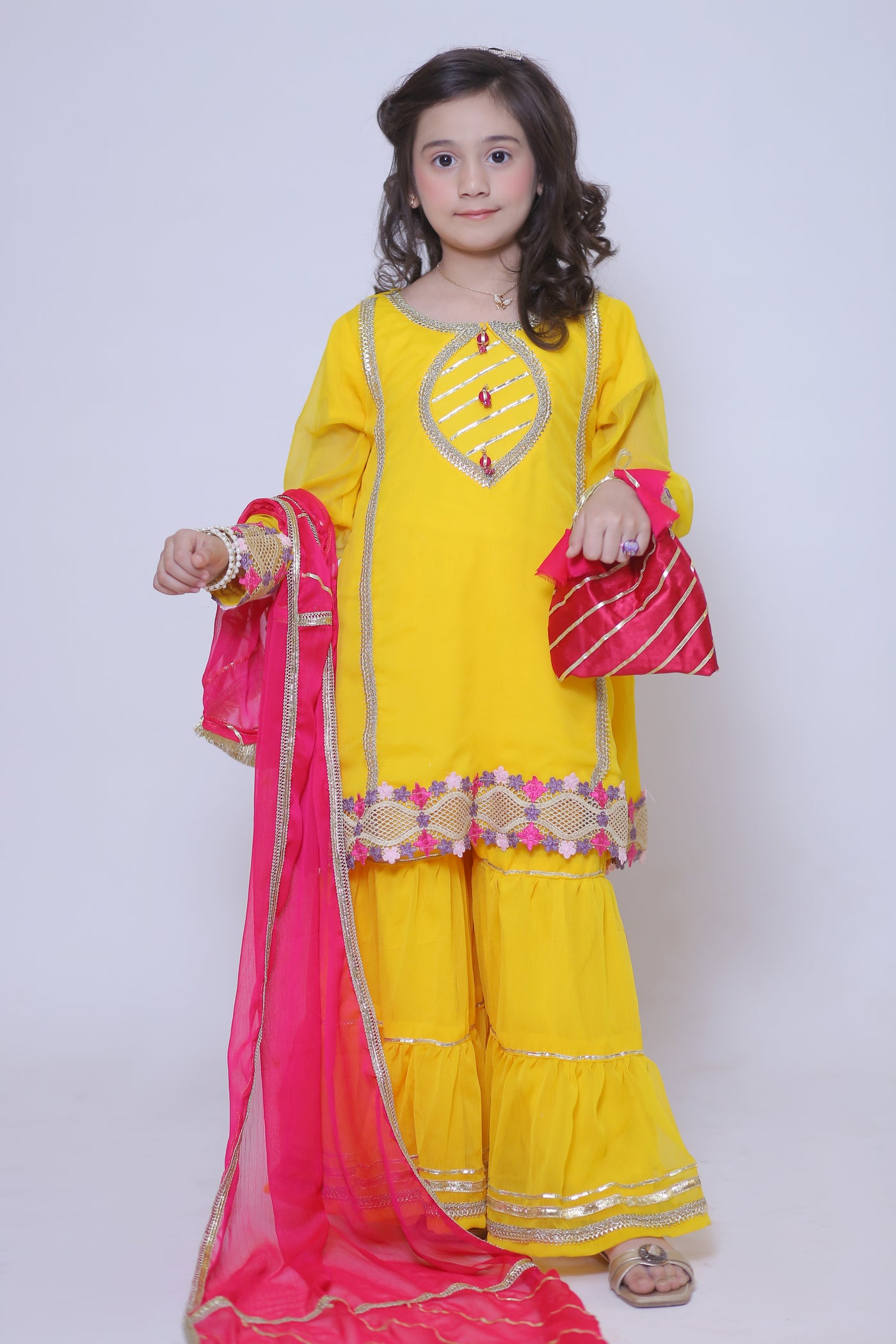 3 piece Beautiful Stunning Yellow Chiffon Gharara Suit with Shocking Pink Chiffon Dupatta & Laces with Free Pouch.(Stitch)