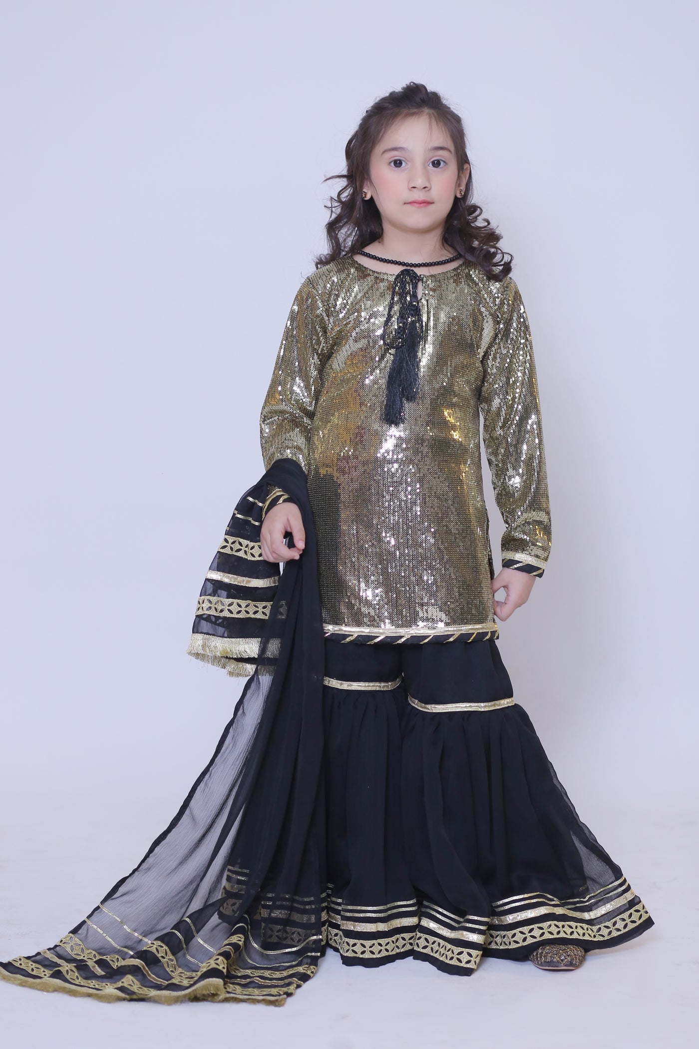 3 piece Golden Black Moonlight Chiffon Gharara Suit with Black net dupatta & Laces.(Stitch)