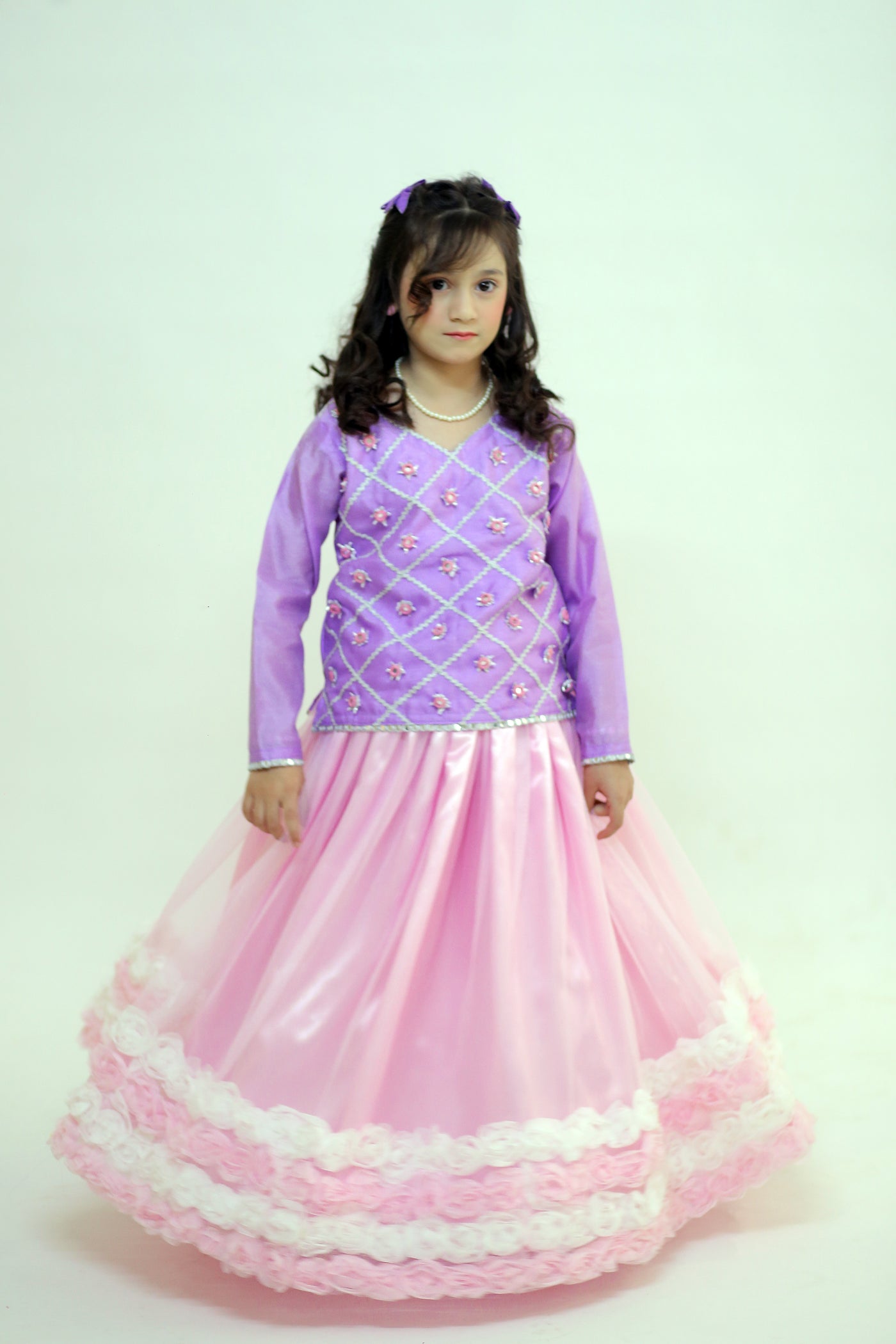 3 piece Light Purple Shirt with Baby Pink Floral Lehenga & Baby Pink Floral Dupatta.(Stitch)