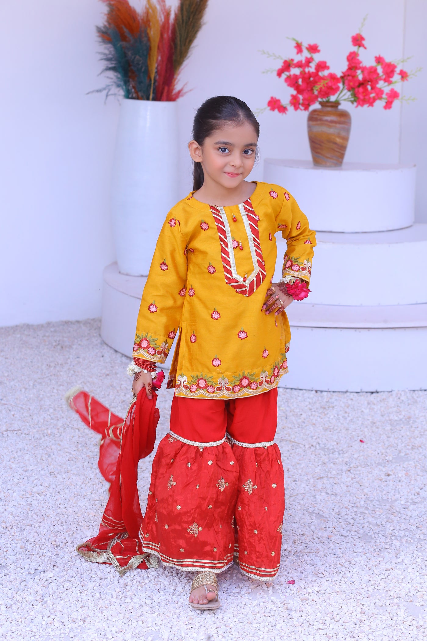 3 piece Mustered Raw Silk Gharara Suit with Reddish Maroon Crush Embroidery Gharara & Reddish Maroon Chiffon Dupatta.(Stitch)