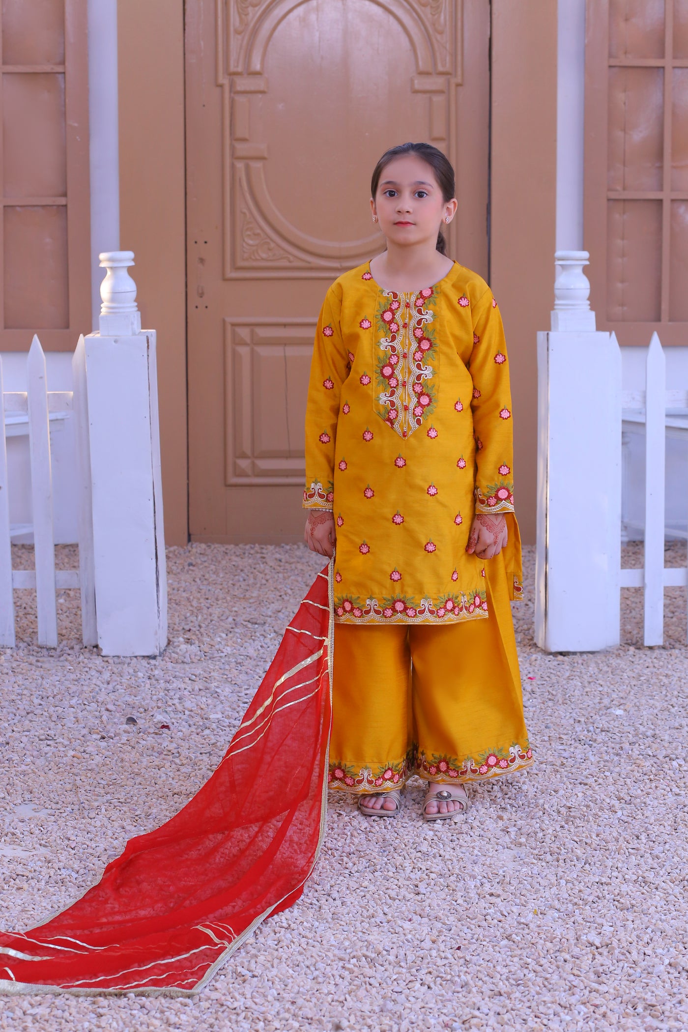 3 piece Mustered Raw Silk Embroidered Plazo Suit with Reddish Maroon Chiffon Dupatta.(Stitch)