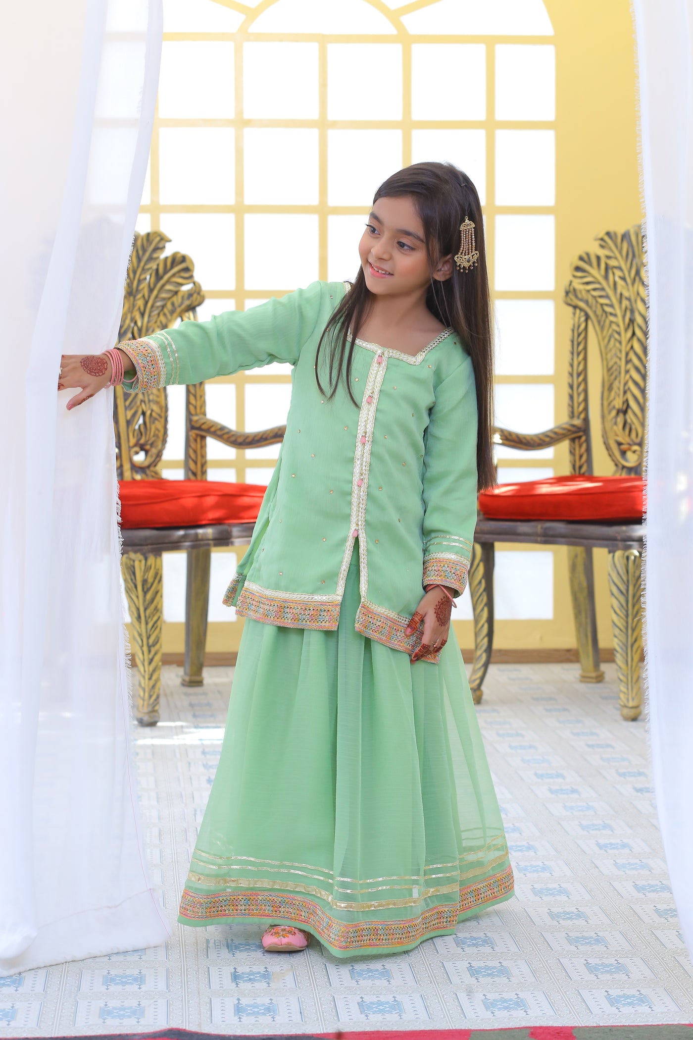 3 piece Pistachio Green Lehenga Suit with Baby Pink Dupatta.(Stitch)