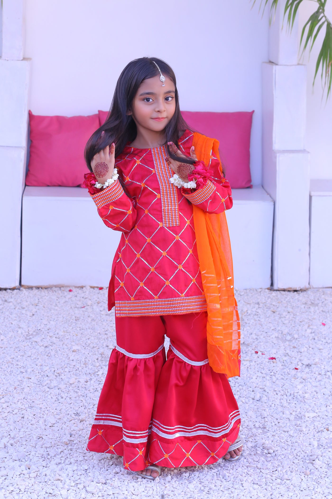 3 piece Shocking Pink Raw Silk Gharara Suit with Orange Chiffon Dupatta.(Stitch)