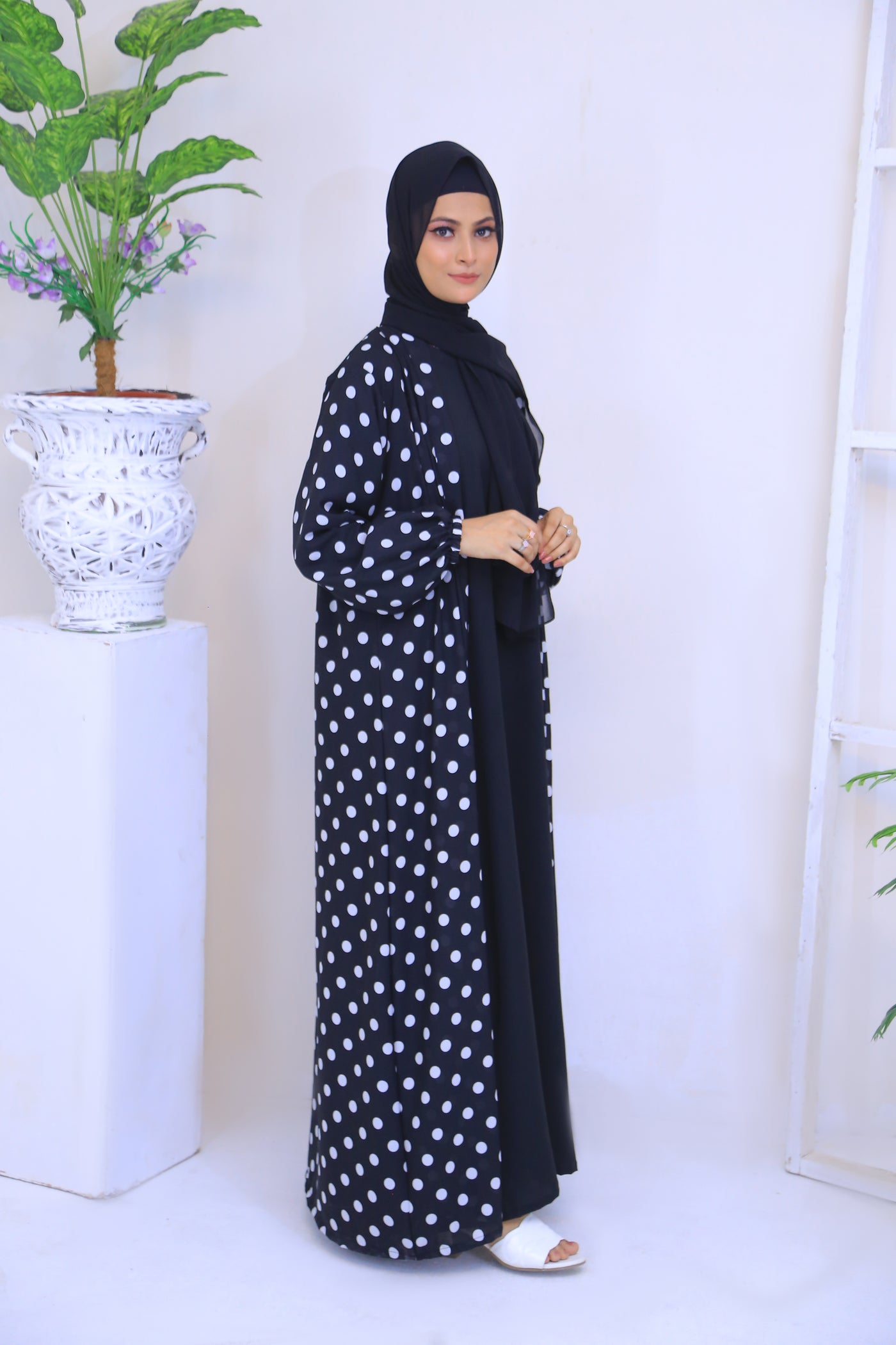 Printed  Black Chiffon Polkadot Kimono Abaya.(Stitch)