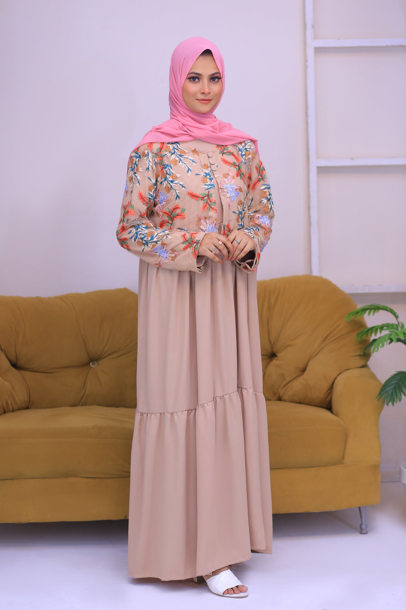 Fawn Nida Fabric Dress Coati Abaya.(Stitch)