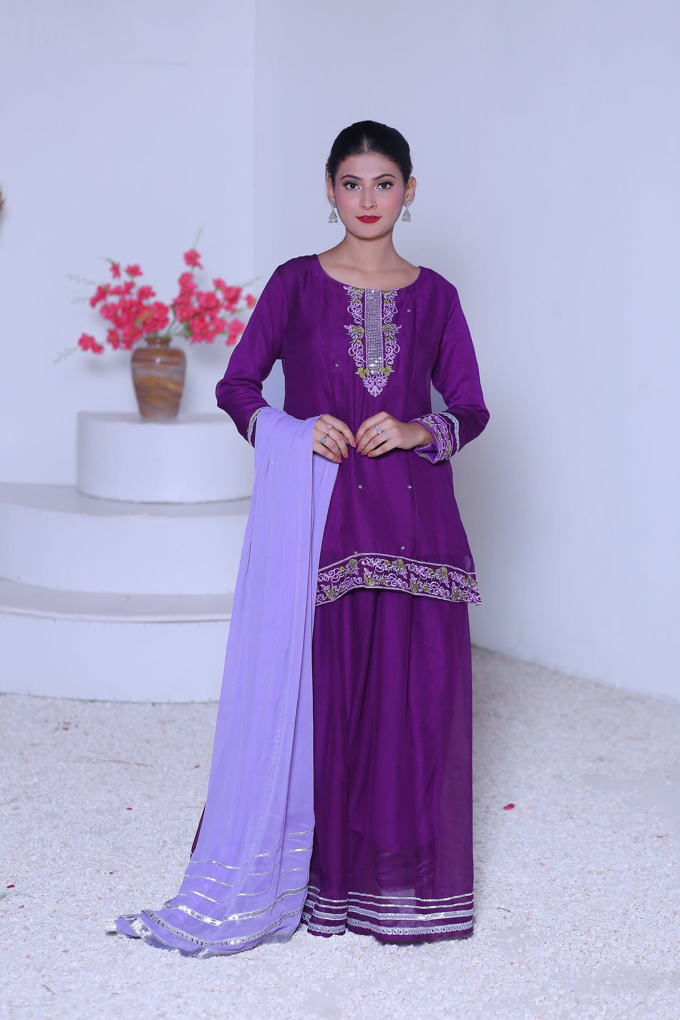 3 piece Purple Chiffon Embroidered Lehenga Suit with Light Purple Chiffon Dupatta & Silver Laces.(Stitch)