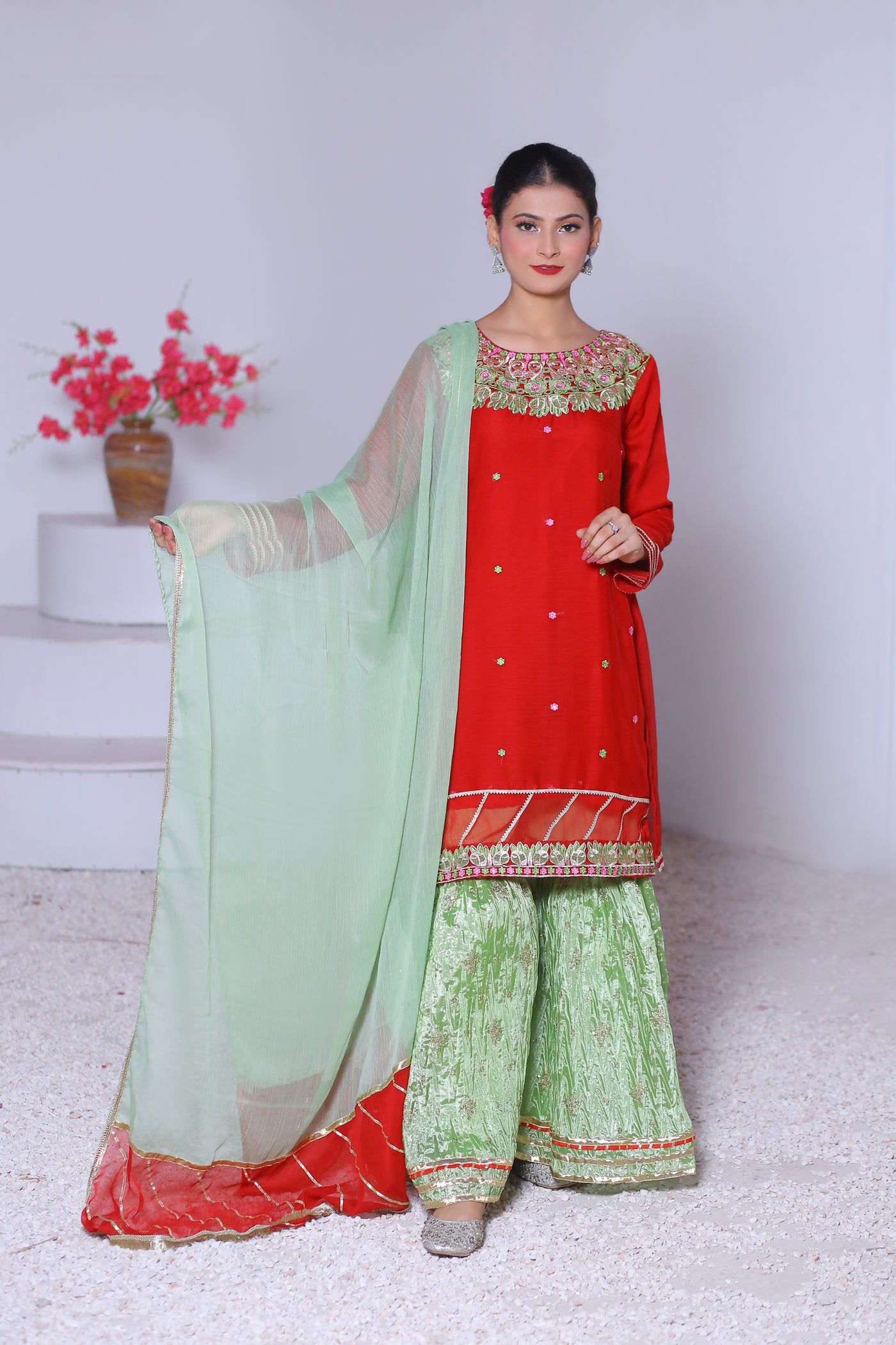 3 piece Reddish Maroon Chiffon Embroidery Gharara Suit with Pistachio Green Chiffon Dupatta & Gharara with Laces.(Stitch)