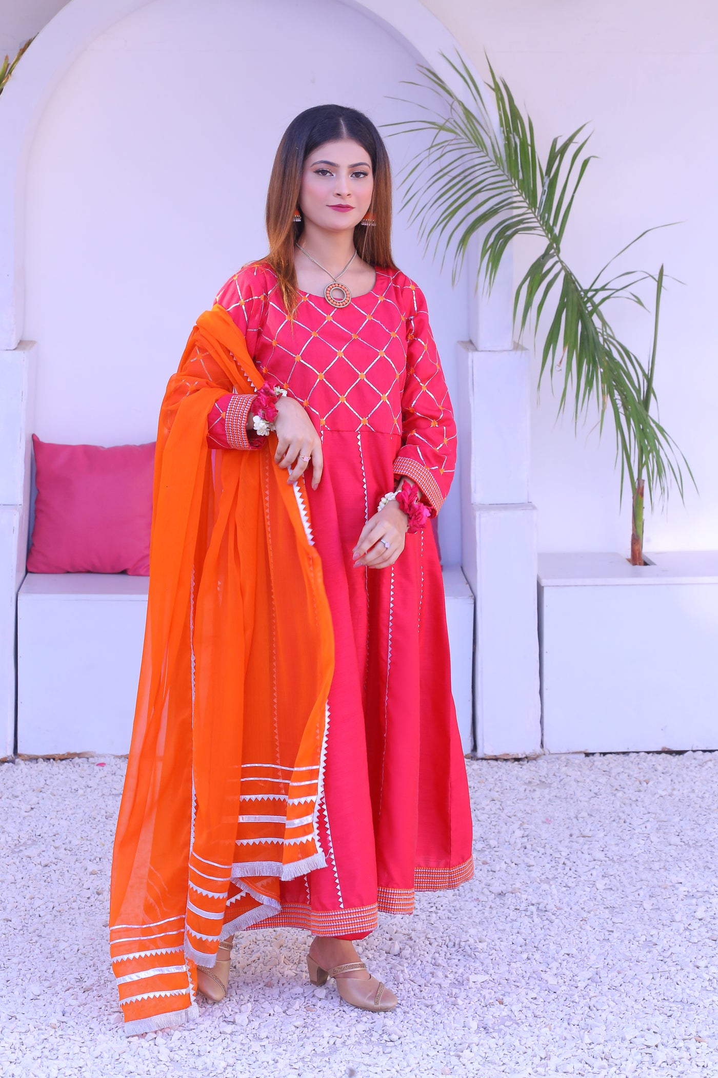 3 piece Shocking Pink Raw Silk Frock Suit with Dull Silk Trouser & Orange Chiffon Dupatta & Silver Laces.(Stitch)