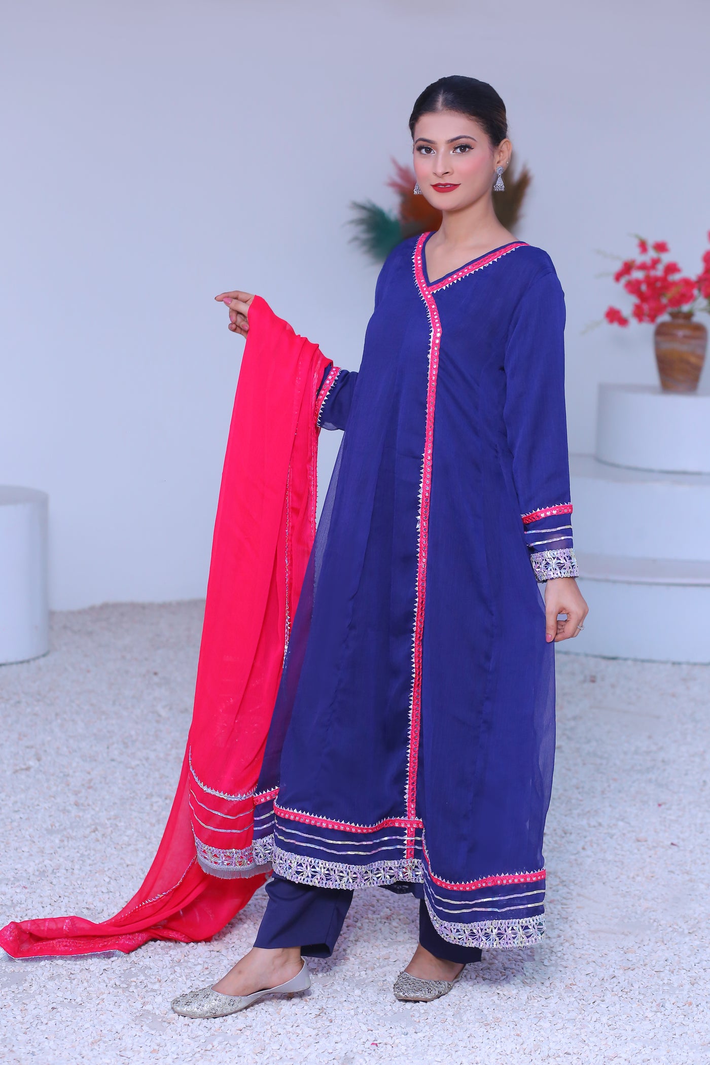 3 piece Navy  Blue  Chiffon Angrakha Frock With Malai Trouser & Shocking Pink Chiffon Dupatta & Laces.(Stitch)