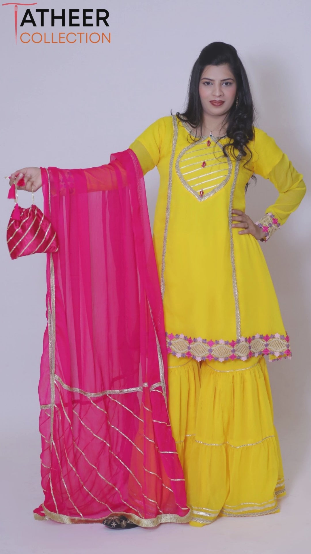 3 piece Beautiful Gorgeous Yellow Chiffon Gharara Suit with Shocking Pink Chiffon Dupatta & Laces with Free Pouch.(Stitch)