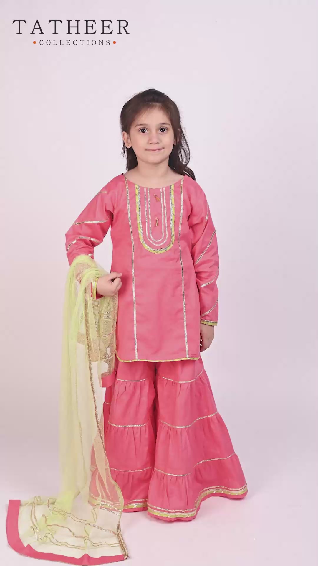 3 piece Cotton Pink Gharara Suit with Pistachio Green Net Dupatta & Pistachio Green Laces.(Stitch)